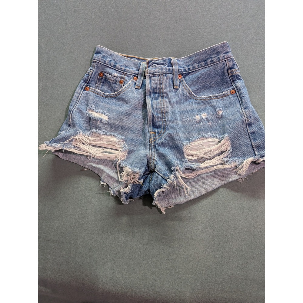 Levis 501 Original High Rise Distressed Denim Shorts Light Wash Blue W25